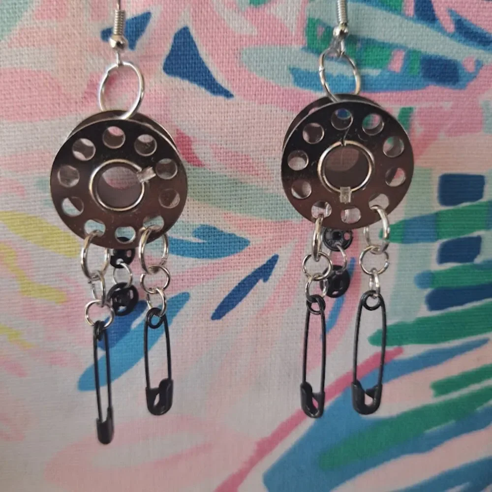 Upcycled Sewing Machine Bobbin Earrings Cyberpunk Punk Quirky Seamstress Gift